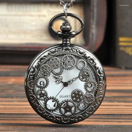 Pocket Watches Vintage Luxury Black Gear Hollow Case Quartz Watch For Men Women Present Fob Chain Bronze Clock Collection Gifts