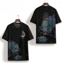 Men's T Shirts Summer Ice Silk T-Shirt Men&#39;s Tide Brand Floral Short-Sleeved Large Size Black Round Neck Shirt Casual And