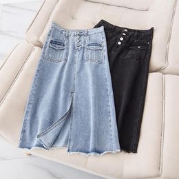 Skirts Skirts Pocket Single Breasted Denim Skirt Woman High Waist Tassel OL A Line Mid Calf Length Casual Female Elegant 2023 Summer