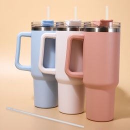 Mugs 40oz Cute Stainless Steel Thermos Mug Cup with Straw Lid Handle Thermal Flask for Coffee Milk Keep Warm Bottle 230607