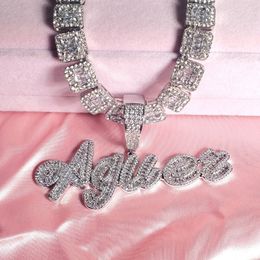 Pendant Necklaces Custom Brush Cursive Iced Out Letter Name Pendant Word Necklace With Rhinestone and Zirconia Baguettes Chain Drop Shiping 230608