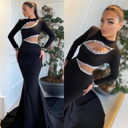 Elegant Black Mermaid Evening Gown Cutaway Sides Jewel Long Sleeves Pearls Slit Party Prom Dresses Sweep Train Formal Long Dress for special occasion