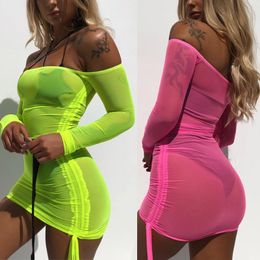 Autumn Long Sleeve Beach Style Neon Colour Dress Sexy Mesh Sheer Bodycon Dress Womens Transparent See Through Mini Short
