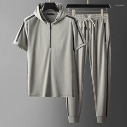 Men's Tracksuits Hooded Sport Casual Men's Sets (T-shirt Pants) Summer Short Sleeve Rubber Printed Male Suits Elastic Waist Man Pants