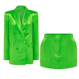 Two Piece Dress Skirt Blazer Suits Green Violet Bright Satin Double Breasted Loose Jacket Mini Set High Quality 230609