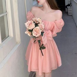 Pink Sweet Elegant Princess Dress Women Casual Korean Slim Long Sleeve Fairy Dress Female Backless Design Vintage Dress 2021