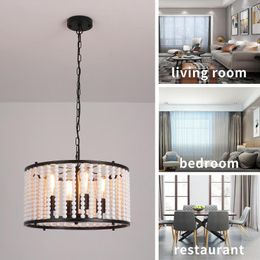 Pendant Lamps Wood Beaded Chandelier 9.45" H X 17.7" W Boho Lights Fixture Modern 4-Light Adjustable Height Light Fixtures For