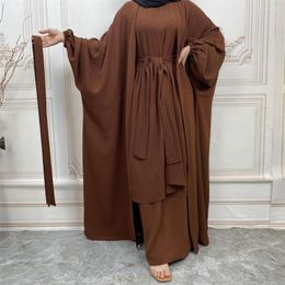 Ethnic Clothing Ramadan 3 Piece Matching Muslim Set Abaya Kimono Hijab Dress With Wrap Skirt Open Abayas For Women Dubai Turkey Islamic