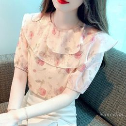 Women's Blouses French Floral Chiffon And Tops Women's Summer Short Sleeve Top 2023 Chic Beautiful Puff Blusas Street