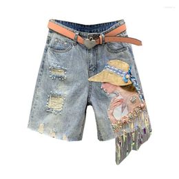 Women's Shorts 2023 Heavy Industry Beauty Map Fringed Sequins Beaded Holes Five-point Denim Women Foreign Style Age Straight Pants Tide