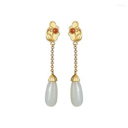 Stud Earrings 925 Sterling Silver Gold Plated Hetian Jade Ear Studs Vintage Peacock Water Drop Women's Graceful Long