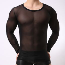 Men's T-Shirts Sexy Men 's Transparent Mesh Long Sleeve Tops Gay Night Club clothing Gauze Tights T Shirts Black White See Through Undershirt 230608