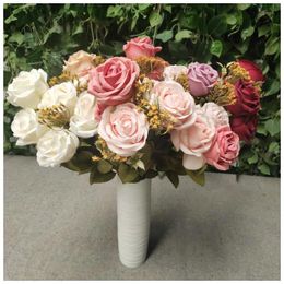 Decorative Flowers & Wreaths Artificial 7-head Rose Bouquet Silk Flower Wedding Decoration Home Party Garden DIY Melaleuca Roses Simulation