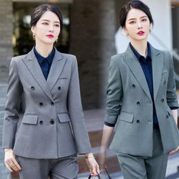 Women's Two Piece Pants Long Sleeve Double Breasted Commute Slim-Fit Temperament Work Uniforms Office Lady Suit El Sense Manager Outfit