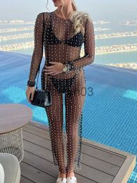 Casual Dresses CHRONSTYLE Sexy Women Swimsuits Bikinis Cover Ups Long Sleeve Dress Pearls Patchwork See Through Bodycon Long Maxi Dress Bathing J230609