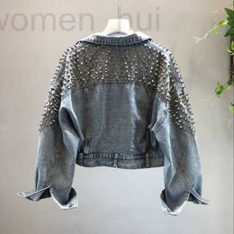 Women's Jackets designer Coats & Outerwear with Rivet Denim Jean Tops European 2023 Autumn New Female Nail Short Wash Jeans Jacket Girl Fashion 09A3