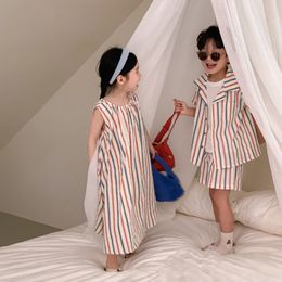 Clothing Sets Summer Brother Sister Outfits Boy Children Striped Short Sleeves Shirt Shorts 2pcs Girl Baby Cotton Sleeveless Fashion Dress 230608