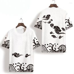Men's T Shirts Chinese Style White Short-Sleeved Round Neck T-Shirt Men's Auspicious Cloud Printing Ice Silk Slippery Material Thin