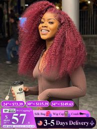 Hair pieces Langerhair 13x4 Deep Curly Lace Frontal Transparent 99J Burgundy Front Red Colored HD Wave Human 230609