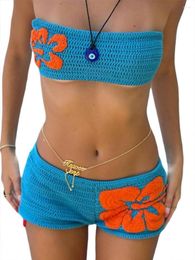 Women's Tracksuits Women's 2PCS Short Sets Summer Outfit Boho Y2K Sleeveless Off Shoulder Tube Tops Low Waist Knit Shorts Suit Beachwear