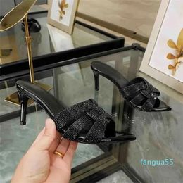 2023 Luxury women sandal high heels Tribute slipper slide strass and leather sandals sexy pointed toe summer pop lady pump shoes 35-42