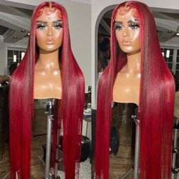 Red Wig Burgandy Human Hair Wigs Straight Lace Frontal PrePlucked Hairline For Women Coloured