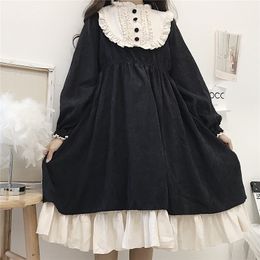 Japanese Lolita Style Women'S Dresses Spring Autumn O-Neck High Waist Slimming Contrast-Color Ruffled Sweet Dress Kawaii