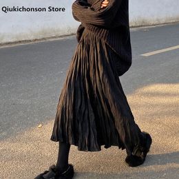 Skirts Autumn Winter Wrinkled Black Pleated Skirt Women Korean Style Casual High Waisted ALine Long Midi falda plisada 230608