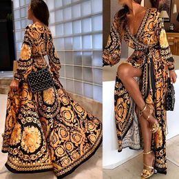 Womens Boho V-Neck Printed Sundress Long Maxi Dress for Summer Long Sleeve Vintage Dresses Cover-ups Home Robe Give