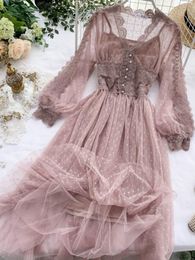 2023 Spring Women Mesh Lace Crochet Dresses V-neck Elegant Prom Puff Sleeves Dress Summer Dot Prom Party Sexy Swing Long