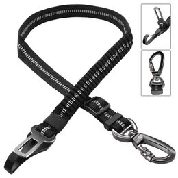 Dog Collars Leashes Seatbelt Updated 3in1 Pet Car Seat Belts for Dogs Tether with Clip Hook Bungee Safety Belt Swivel Carabiner Z0609