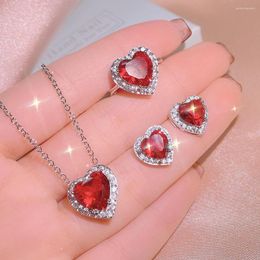 Dangle Earrings 925 Silver High Quality Natural Garnet Ring Pendant Stud Three Piece Heart Set Ladies Party Birthday Jewellery Gift