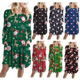 Casual Dresses Women Christmas Dress Multi Color Printing Long Sleeve With Pockets Female Autumn Winter Loose Clothing O-Neck Plus Size