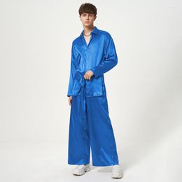 Men's Tracksuits INCERUN Fashion Men Sets Solid Colour Satin Loose Lapel Long Sleeve Lace Up Shirt & Pants 2PCS Streetwear 2023 Men's