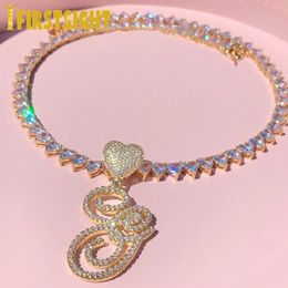 Pendant Necklaces Iced Out Heart Clasp Cursive Letter Necklace Silver Colour Cubic Zirconia Name CZ Alphabet Charm Choker For Women HipHop Jewellery 230609