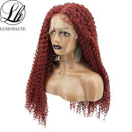 99J Burgundy Kinky Curly Curly Lace Wigs Synthetic Middle T Part Lace Wigs Wine Red Colored 180% Density Curly Wave Wigs for Women 230524
