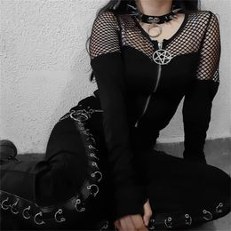 Women's T-Shirt Women Gothic T Shirt Fishnet Patchwork Mesh Sexy T-Shirts Black Zipper Front Long Sleeve Tees Harajuku Crop Tops Streetwear #YY 230608