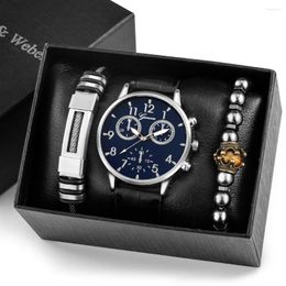 Wristwatches 3PCS Men Black Quartz Original Gifts Leather Watch Luxury Bracelet Set Fashion Business Clock Reloj Hombre