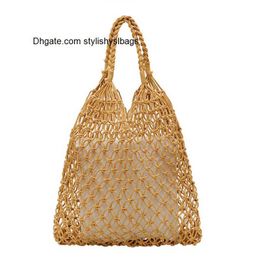 Shoulder Bags New arrive hollow out woven bag cotton lining straw bag for summer beach female Reticulate handbag netted beach bag FHC057