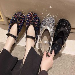 Sandals Cozok Shiny Sequin Strap Flats Women Fashion Round Toe Mary Jane Shoes Woman Spring Silver Non-slip Casual 230417