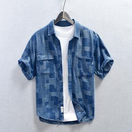 Men's Casual Shirts Z926 Men's Vintage Plaid Denim Shirt Summer Fashion Short Sleeve Asymmetrical Pockets Chic Classic Blouse Teen