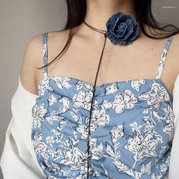Pendant Necklaces Long Blue Rose Flower Charm Necklace Women's French Accessories Collar Chain