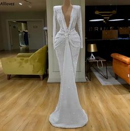 Modest White Sequined Glitter Dubai Arabic Moroccan Evening Dress Sexy Deep V Neck Long Sleeves Prom Gowns Mermaid Ruched Caftan Middle East Formal Party Wear CL2401