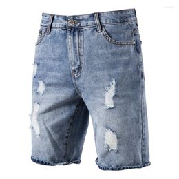 Men's Jeans PARKLEES Cotton Hole Short Men Casual Streetwear Mid Waist Solid Color Denim Shorts For Summer Blue Mens Pants