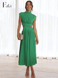 Basic Casual Dresse Green Hollow Out Maxi Dress Solid Fashion Sleeveless Backless Female Elegant Ruched Long Summer 2023 230609