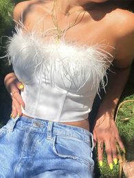 Women's Tanks Camis Feather Trim Bandeau Tube Top Strapless Tank Top Summer Corset Vintage Sexy Crop Female Shirts 230609