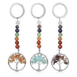 Natural Stone 7 Chakra Keychain Energy Yoga Reiki Tree of Life Pendant Key Holder for Women Accessories Jewellery