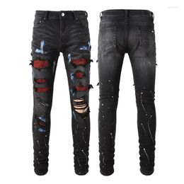 Men's Jeans Black Rhinestones Patched Distressed Slim Pants Streetwear For Men Quality Stretch Destroyed Ripped Denim