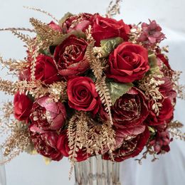 Decorative Flowers 40cm Luxury Gold Leaves Red Rose Champagne Pink Flower Wedding Table Centerpieces Floral Ball Banquet Event Party Props