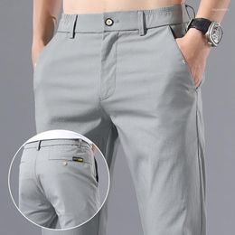 Men's Pants 2023 Summer Casual Men Ice Silk Cotton Solid Colour Business Fashion Slim Fit Stretch Thin Trousers Male Straight